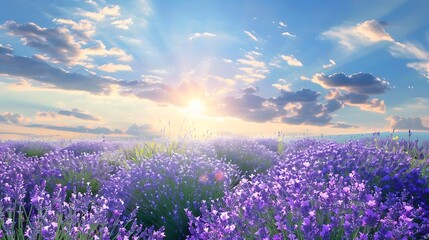Wall Mural - a stunning sunset illuminates a field of purple flowers under a blue sky with a single white cloud