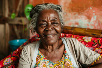 Portrait of smiling senior woman in colorful traditional attire