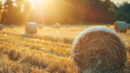 Wall Mural - Sun shining over hay bales in a harvested field