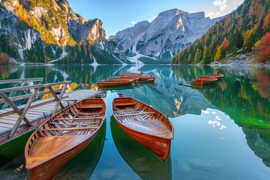 Two boats docked at a lake dock with mountains in the background