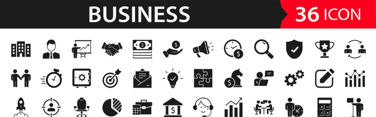 Poster - Business and finance set of web icons. Finance and business. Money, business process, bank, team work, office, payment, strategy, management, accounting, infographic. Solid vector icons collection