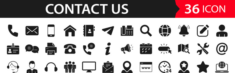 Fototapete - Contact us set of web icons. Social Media network icons for web. Customer service. Contact support sign and symbols. Call us, support, email, message, phone, info. Solid vector icons collection
