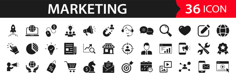 Poster - Digital Marketing set of web icons. Marketing icons for web and mobile app. Sales, e-commerce, SEO, business, feedback, analytics, ads, communication, content. Solid vector icons collection