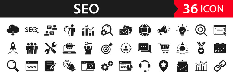 Poster - SEO Optimisation set of web icons. Search Engine Optimization. Business, traffic, optimization, target. Search Engine and Marketing icons for web and mobile app. Solid vector icons collection