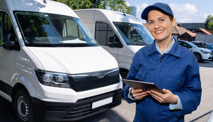 Poster - Manager with a digital tablet on the background of vans. Fleet management.