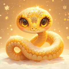 Poster - 2025 snake with a heart on its head is sitting on a snowy surface. The snake is golden and has a gold necklace around its neck.