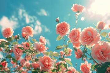 Wall Mural - A beautiful pink flower garden with a blue sky in the background
