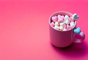 Wall Mural - A pink mug filled with heart-shaped marshmallows on a pink background