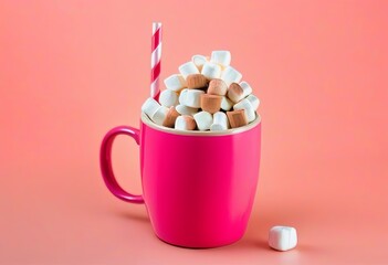 Wall Mural - A pink mug with hot cocoa and marshmallows, surrounded by pink paper straws and marshmallow cubes.