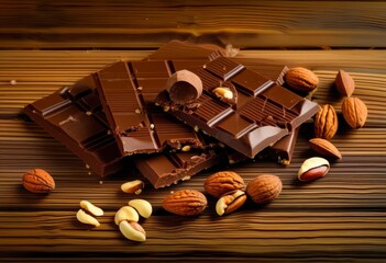 Wall Mural - A pile of broken chocolate bars with nuts on a wooden table