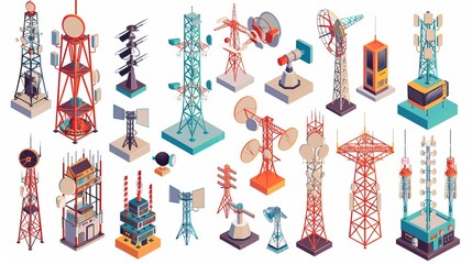 Wall Mural - A 3D isometric flat vector set featuring various telecom towers and radio communication structures