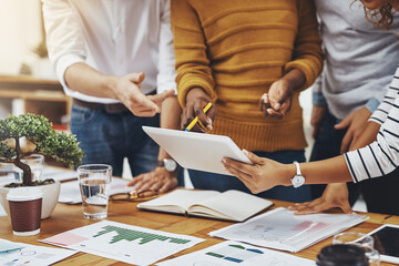 Poster - Team, people and tablet with analytics in office as web developer in digital agency, workshop or company. Group, business meeting and collaboration with diversity, growth or career in brand design