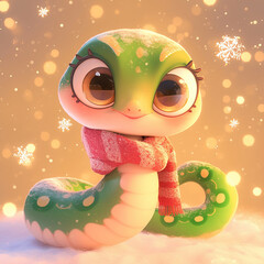 Sticker - 3D green snake is wearing a red and white scarf and is posing for a picture. The image has a playful and whimsical mood, as the snake is dressed up in winter clothing