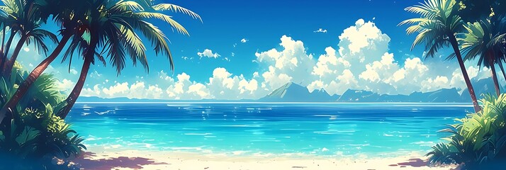 Wall Mural - a serene tropical beach scene with palm trees, blue skies, and water, featuring a white cloud and a dark shadow