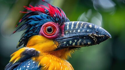 The striking beauty of a crested bird captured in a moment of stillness. A colorful bird with a red beak and yellow feathers