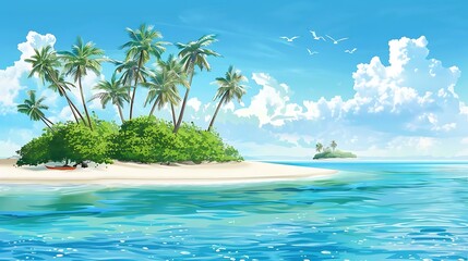 Wall Mural - a serene tropical island paradise with lush green trees, crystal blue waters, and fluffy white clouds under a clear blue sky