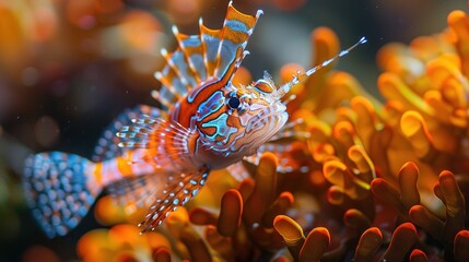 A colorful fish with a blue fin is swimming in a coral reef