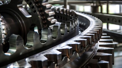 Poster - Conveyor belt gears, close-up, intricate metal work, soft, diffused light. 