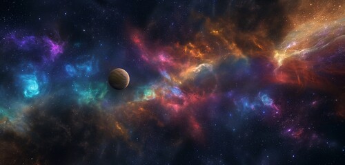 A 3D deep space scene with nebulae and swirling galaxies in vibrant colors, suspended in the cosmos.