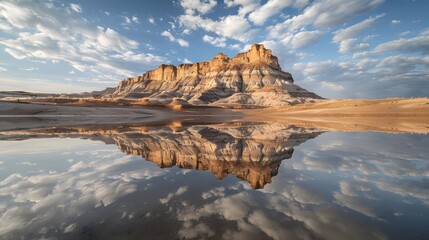 Perfect reflection of the detailed ridges of badlands in still water, creating a symmetrical visual illusion of this rugged landscape under a cloud-speckled sky