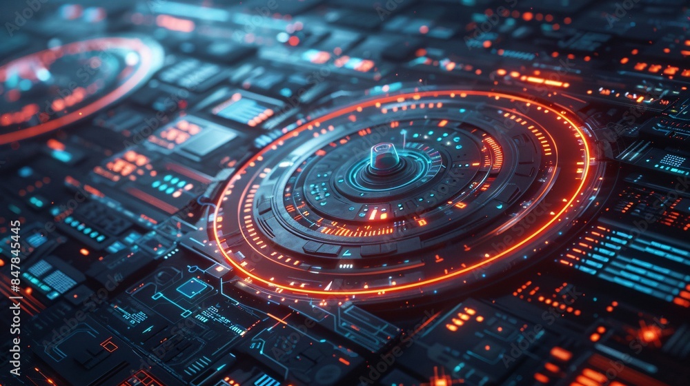 Futuristic digital interface with glowing red and blue circuitry ...