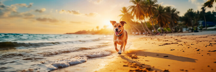 Dog running on the sand on tropical beach, summer vacation concept, template, copy space.