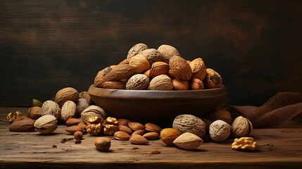Wall Mural - Rustic Charm: Nuts Arranged on a Table in a Wheat Field Composition