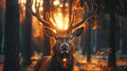 sun shining through the antlers of a stag in a forest, inspiration deer
