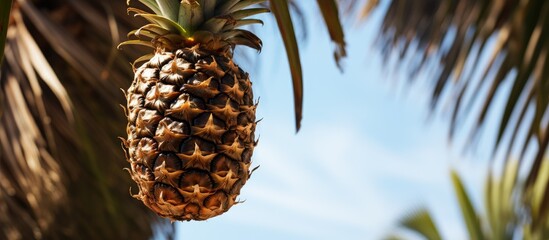 Sticker - shell of the pineapple without pulp on the palm tree. Creative banner. Copyspace image