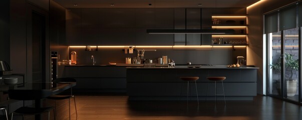 New modern luxury kitchen in a new apartment, banner. Generative AI.