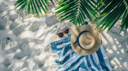Straw hat, sunglasses and towel on sandy background, top view. Beach holiday concept.