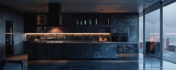 New modern luxury kitchen in a new apartment, banner. Generative AI.