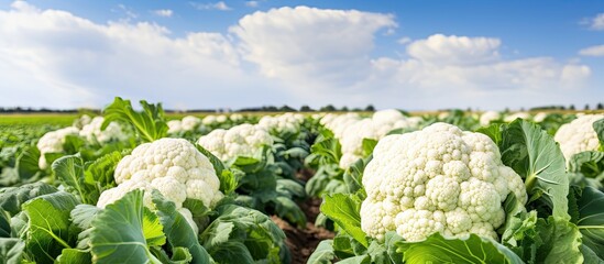 Wall Mural - A farmer s cauliflower planting plot that uses my post harvest land. Creative banner. Copyspace image