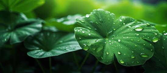 Aufkleber - texture Large green leaves Dew drops shine in the sun Leaf after rain. Creative banner. Copyspace image