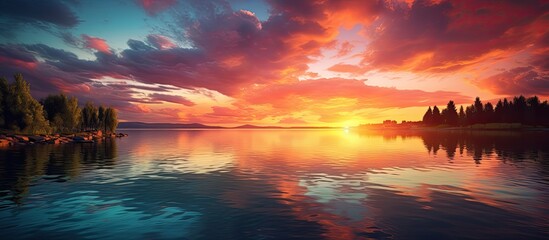 Sticker - Amazing dusk at the lake with dynamic sky in summer. Creative banner. Copyspace image