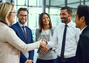Poster - Group, business people and handshake for welcome, introduction or greeting in office. Shaking hands, smile and team with deal for collaboration, agreement or thank you for b2b partnership opportunity
