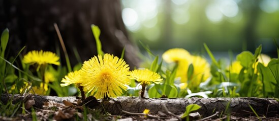 Sticker - Dandelions flower on the ground. Creative banner. Copyspace image