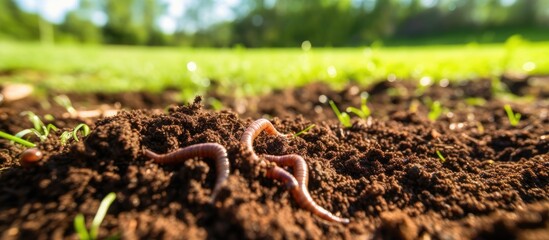 Aufkleber - Soil pile created by earthworm Home of the earthworm on the lawn. Creative banner. Copyspace image