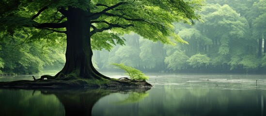 Poster - a tree in a forest at the edge of a swamp. Creative banner. Copyspace image