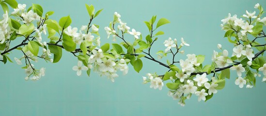 Poster - Blooming leaves on tree branches during spring season precessed with light and color curve with green background and spaces. Creative banner. Copyspace image