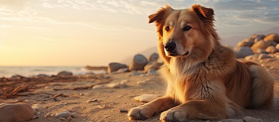 Poster - A beautiful dog on the beach. Creative banner. Copyspace image