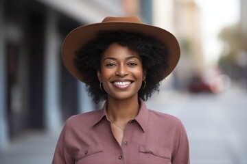 Poster - Portrait of a joyful afro-american woman in her 40s wearing a rugged cowboy hat in front of minimalist or empty room background