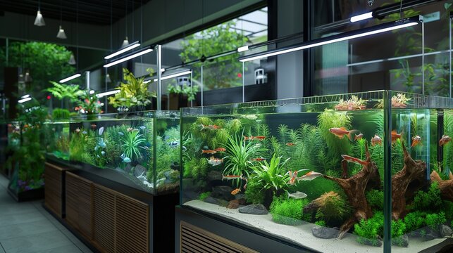 A 3D pet store with digital aquariums housing colorful fish and terrariums with exotic plants under a simulated daylight environment.