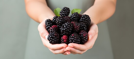 Fresh black raspberries in young woman s hands. Creative banner. Copyspace image