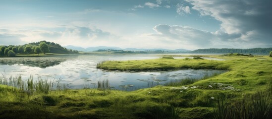 Poster - there is a tuft of grass by the water. Creative banner. Copyspace image