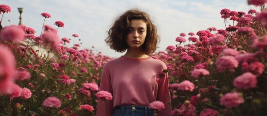 Poster - Teenager in a beautiful Margaret flower field. Creative banner. Copyspace image