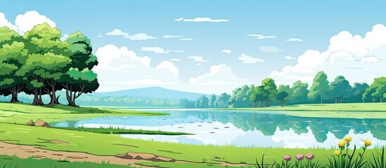 Wall Mural - Natural Pond View Landscape. Creative banner. Copyspace image
