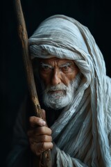Wall Mural - Portrait of biblical old man holding a stick in his hand.	