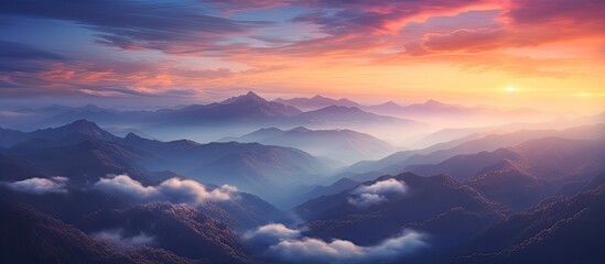 Poster - Beautiful sunset The mountains are covered with clouds. Creative banner. Copyspace image