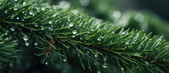 Fototapete - Christmas tree needles in dew drops. Creative banner. Copyspace image